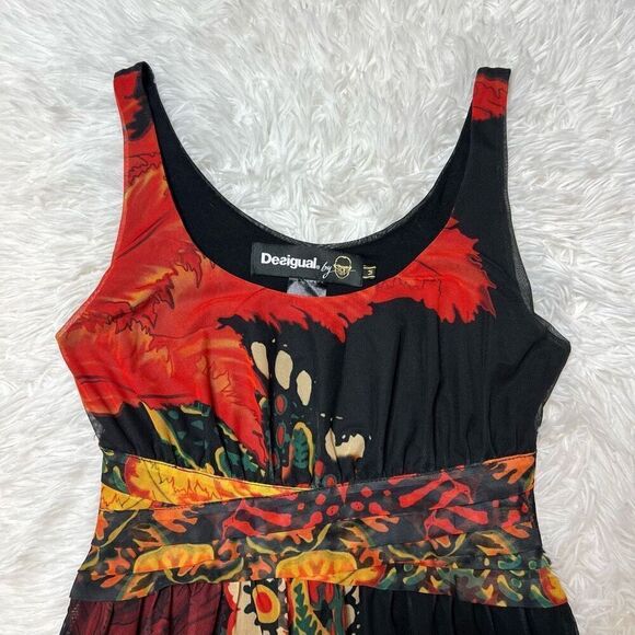 Desigual by Lacroix Dress Floral Print Sheer Sleeveless Size Medium Black Stretc - Picture 3 of 11
